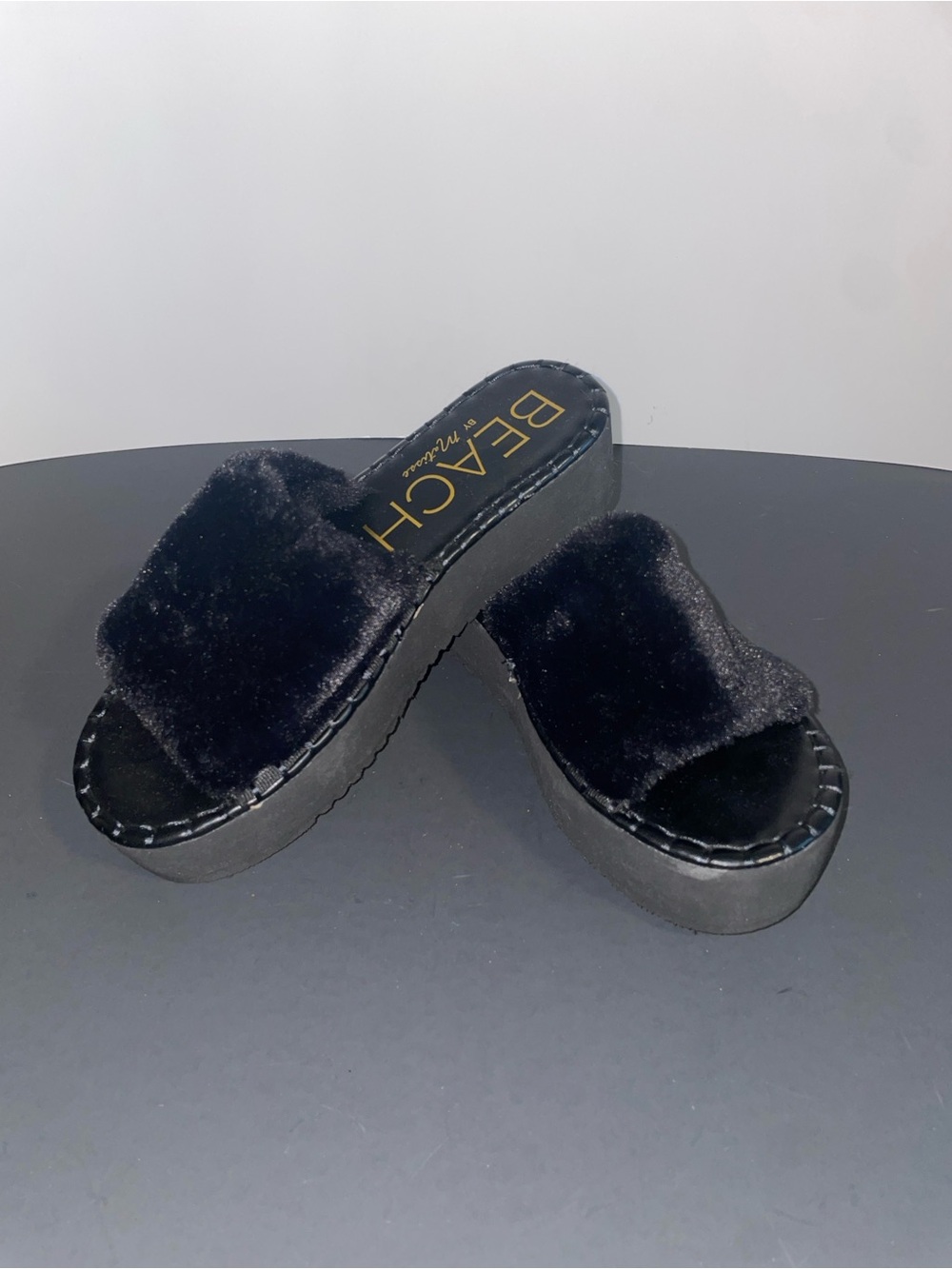 Black Faux Fur Platform Slide Sandals